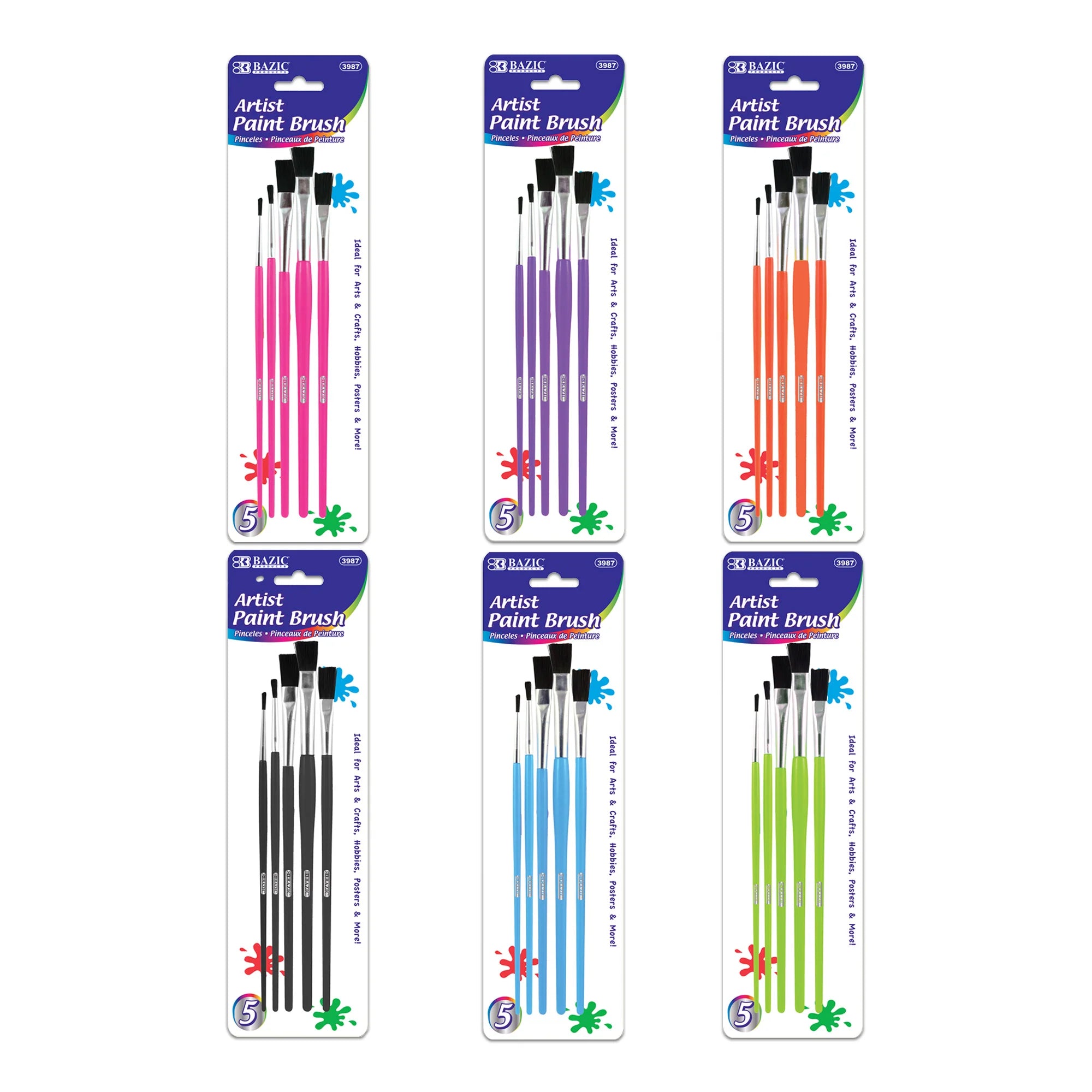 BAZIC Asst Color and Size Kids Paint Brush Set 5pk
