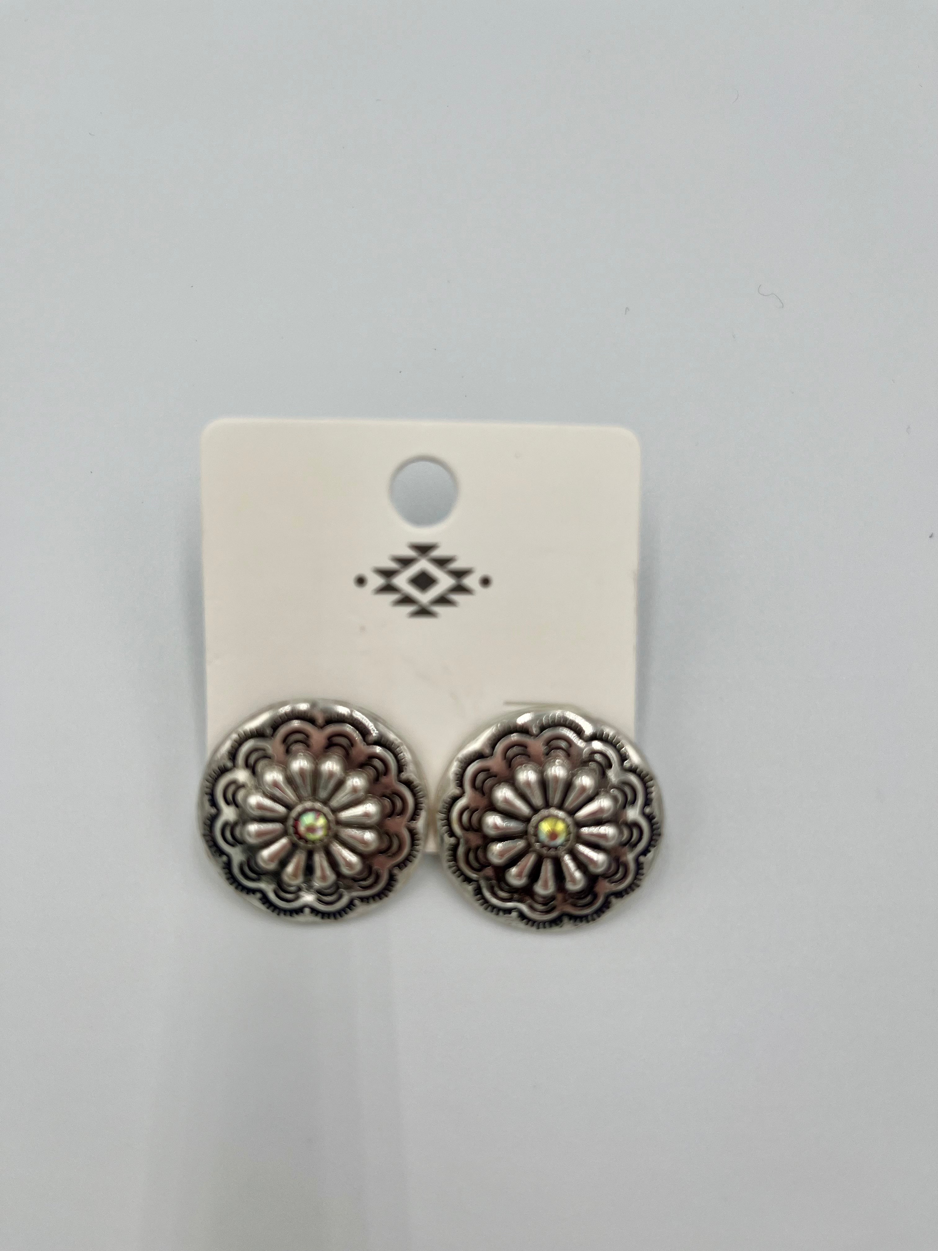Concho-Style Silvertone Earrings Central Rhinestone