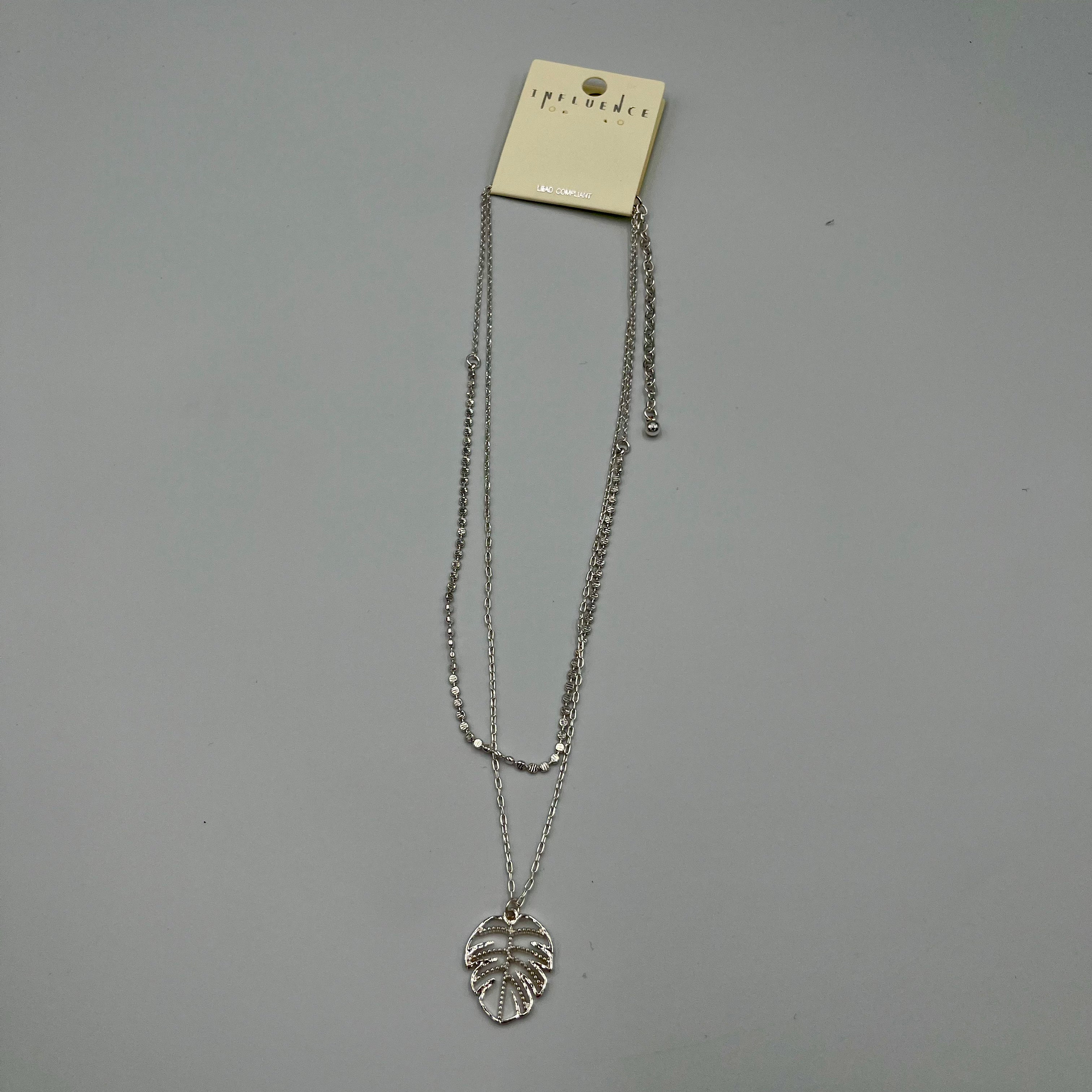 Silvertone Leaf Necklace Double Chain