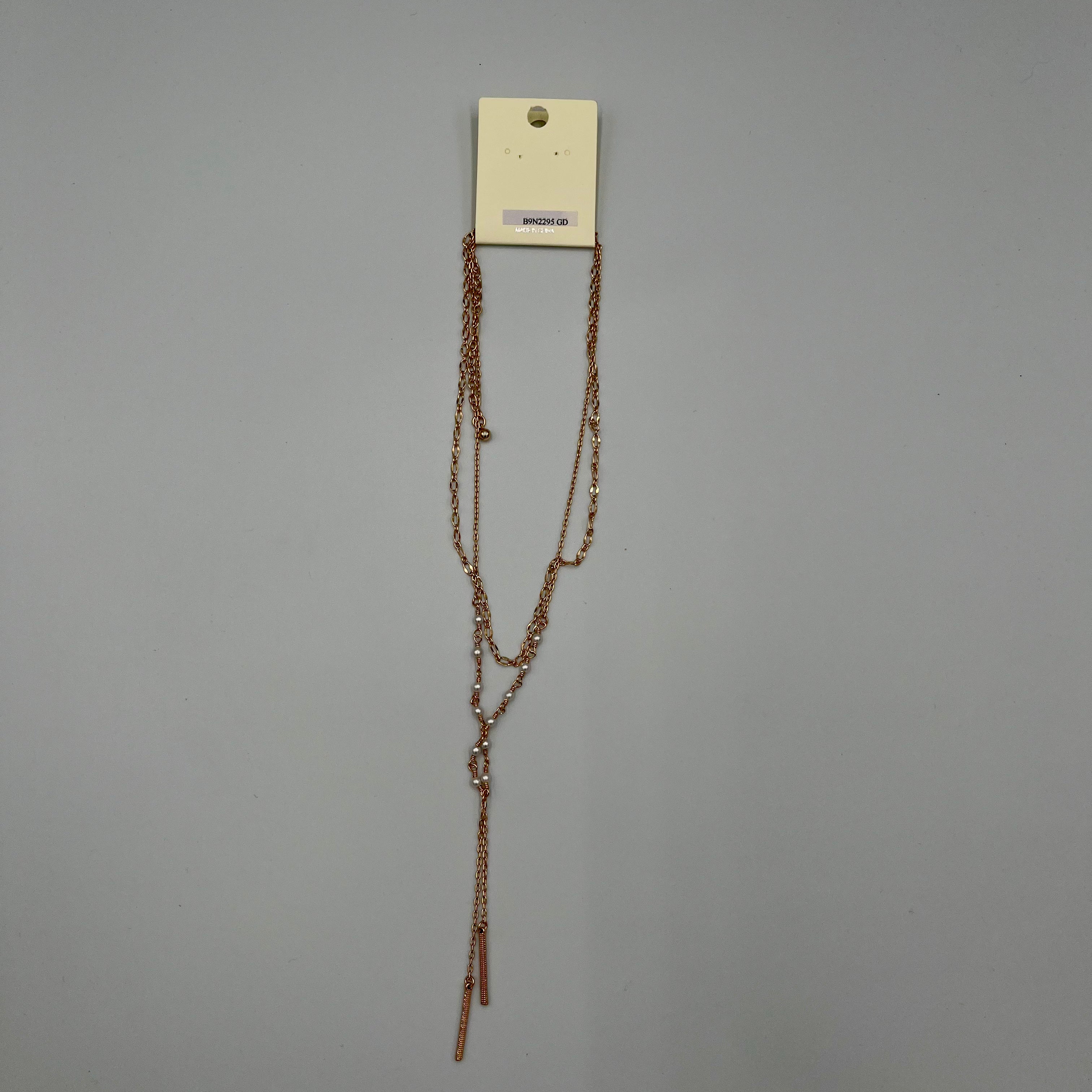 Goldtone Necklace Thin Vertical Bar\Pearls