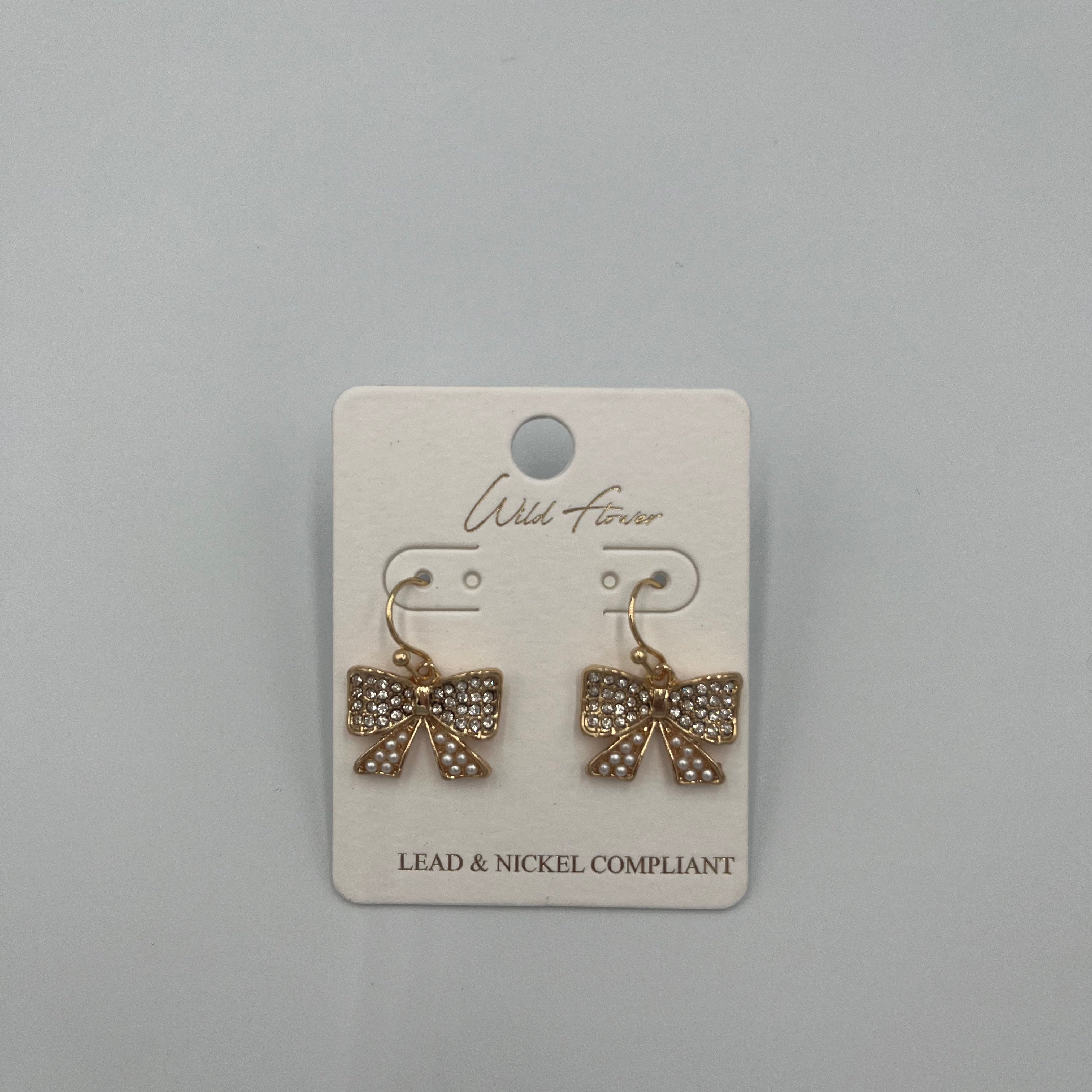 Goldtone Bow Earrings Pearl\Rhinestone