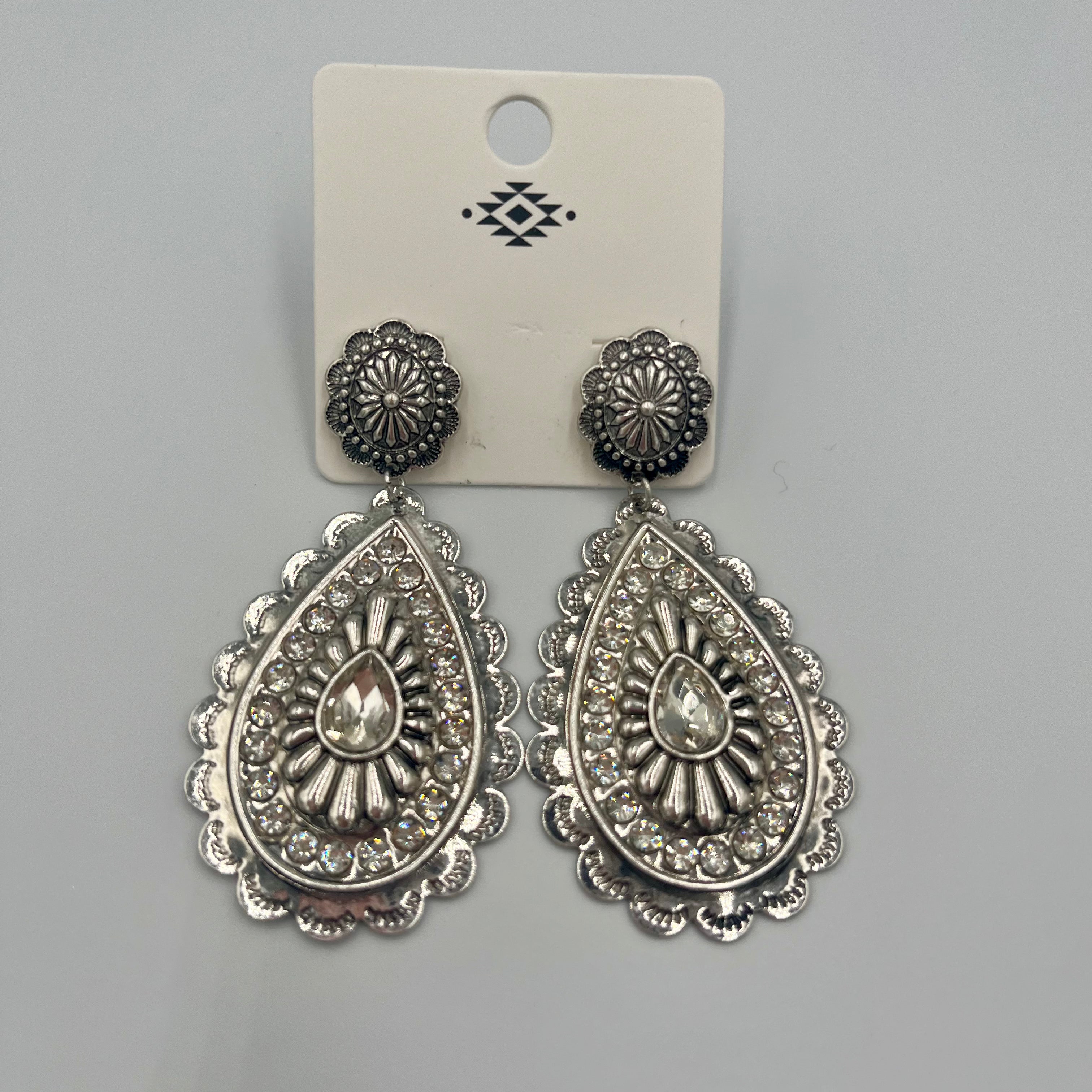 Silvertone Concho Teardrop Earrings