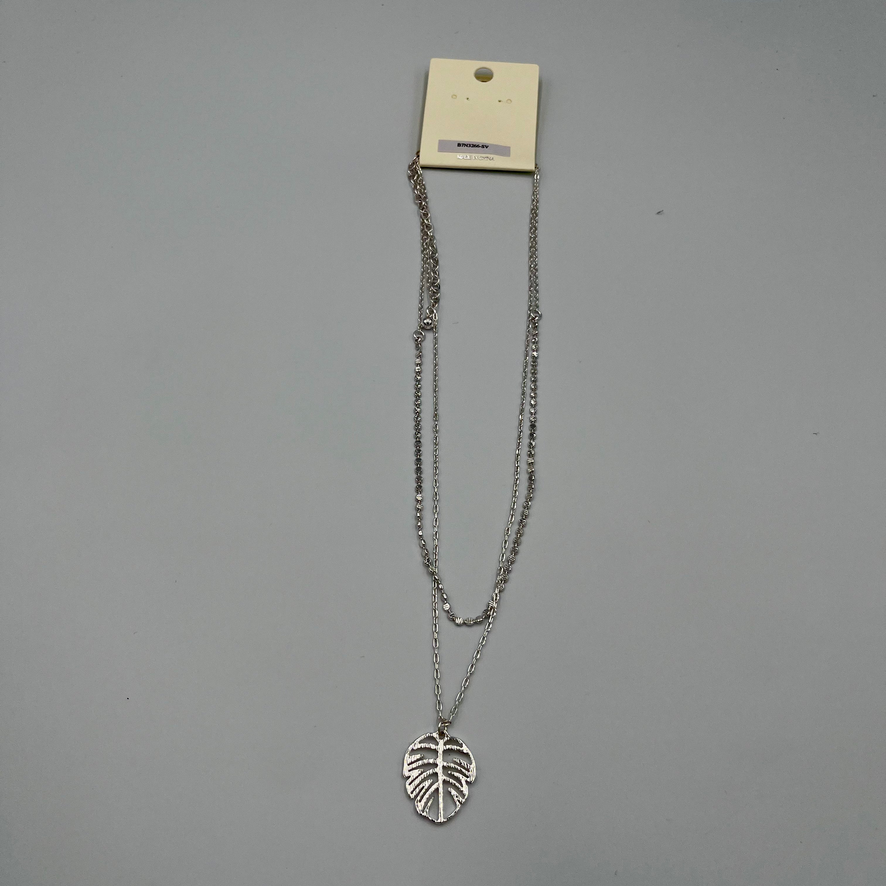 Silvertone Leaf Necklace Double Chain