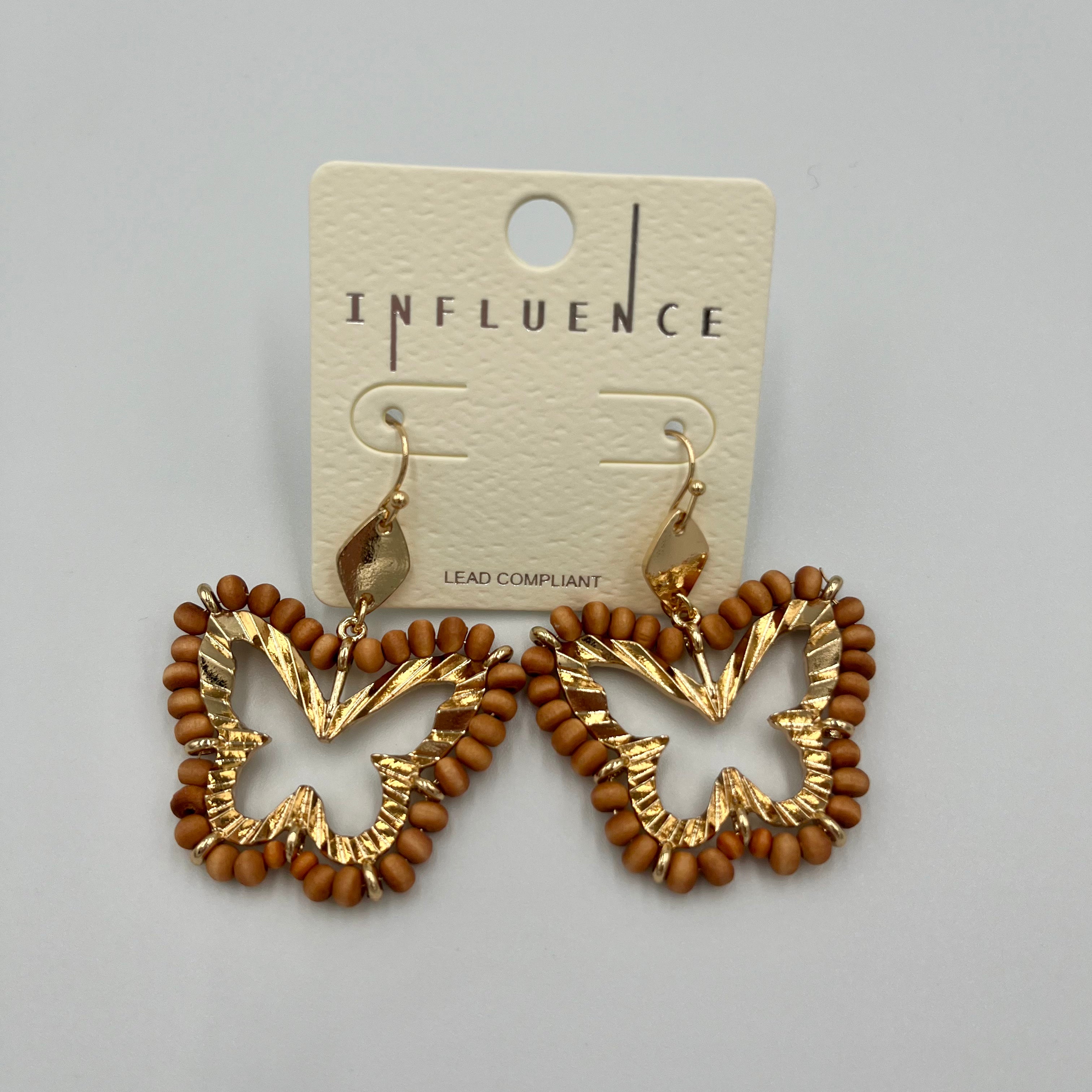 Gold-toned Metal & Wooden Drop Butterfly Earrings