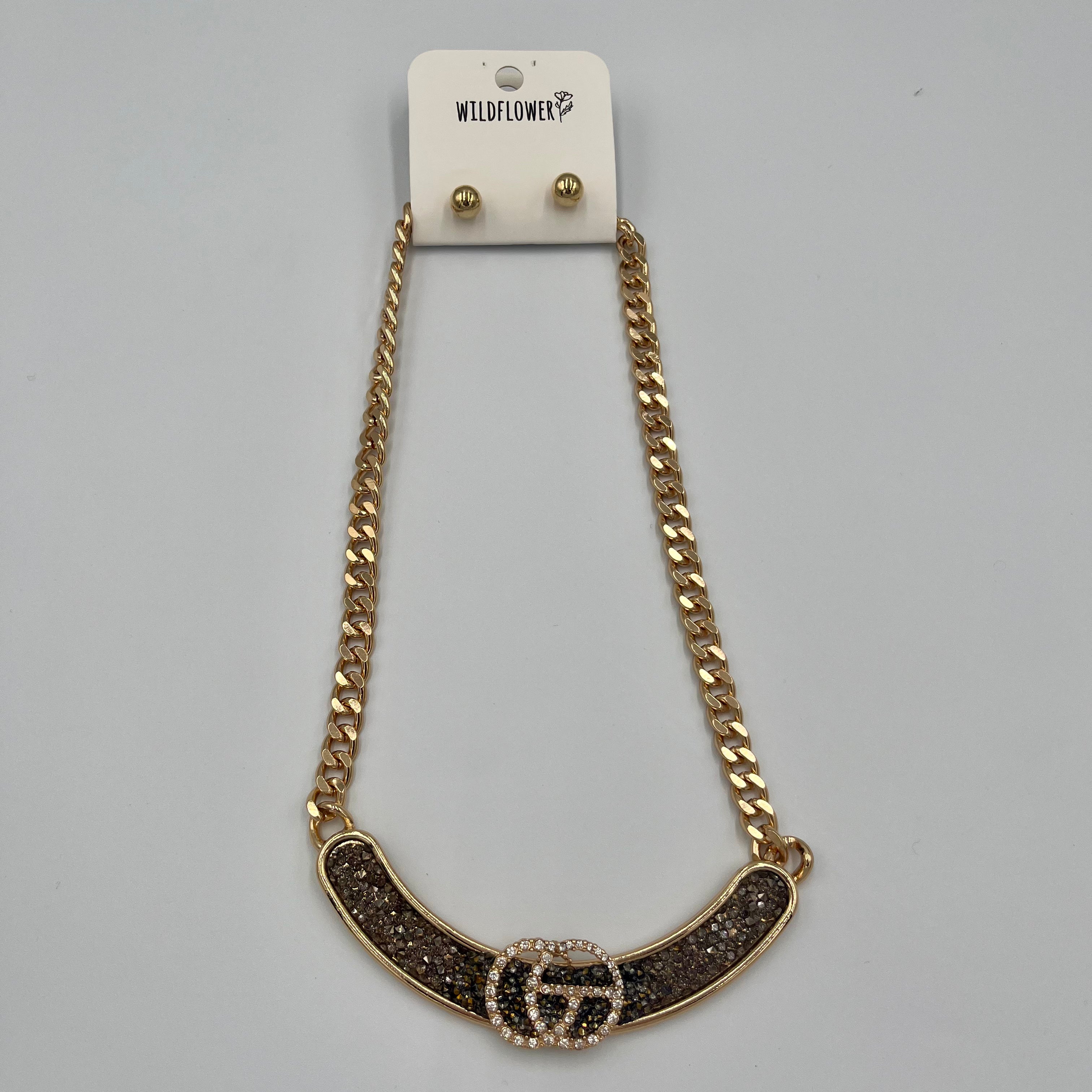 Goldtone\Black Necklace with Earrings