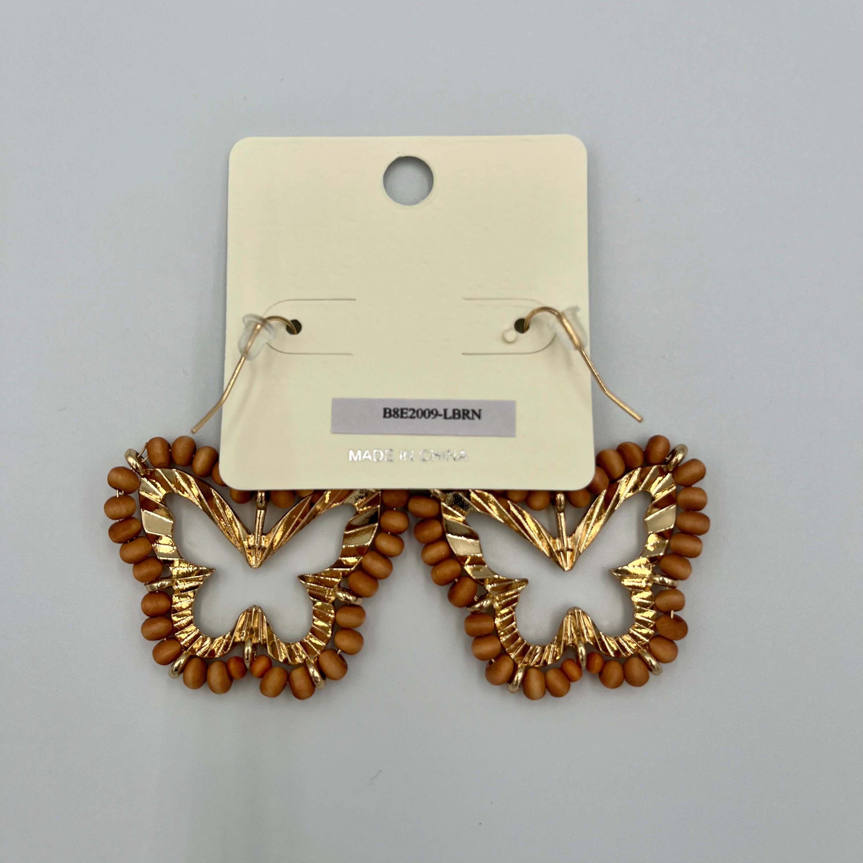 Gold-toned Metal & Wooden Drop Butterfly Earrings