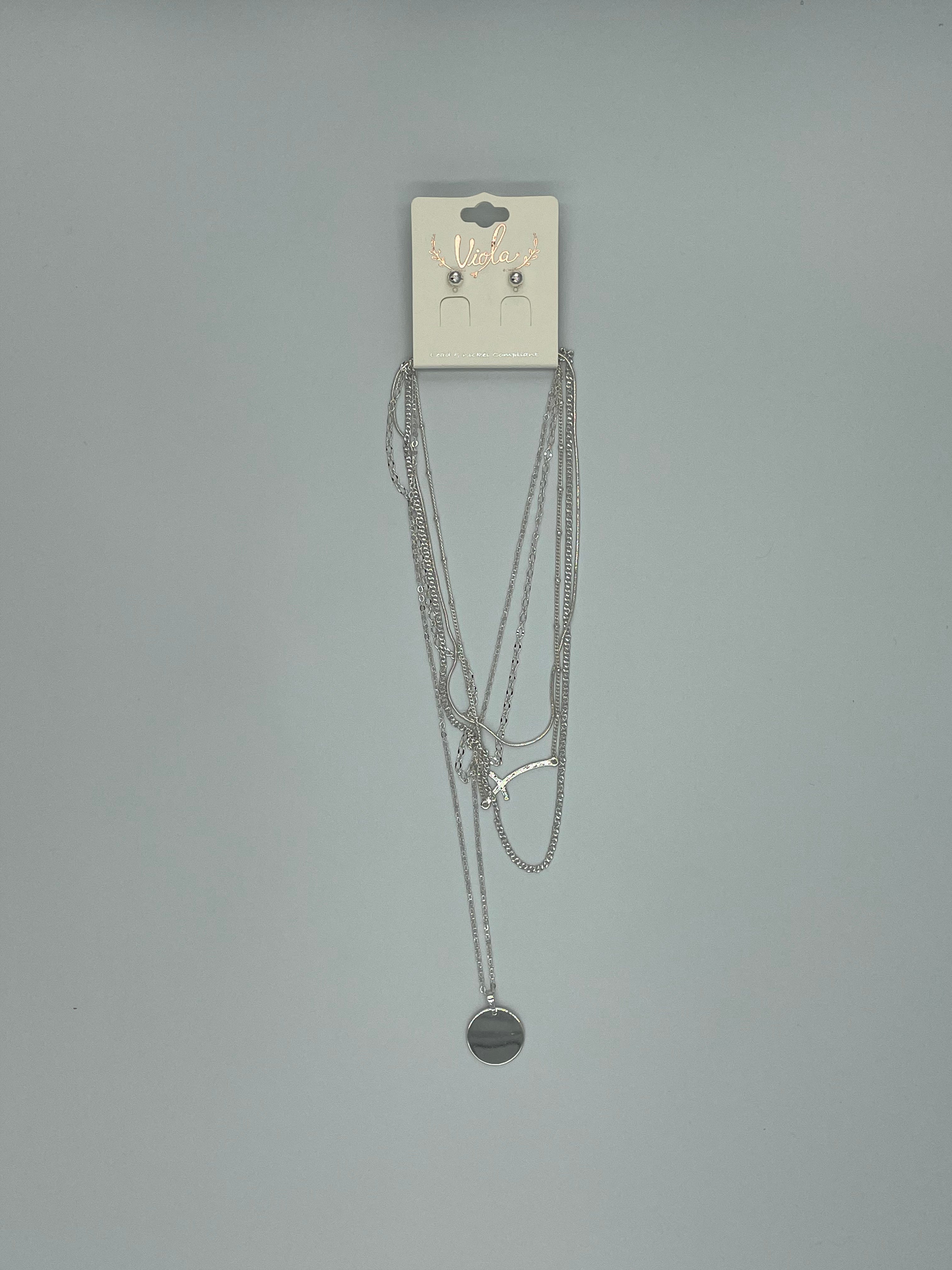 Silvertone Multi-layer Cross Necklace Set