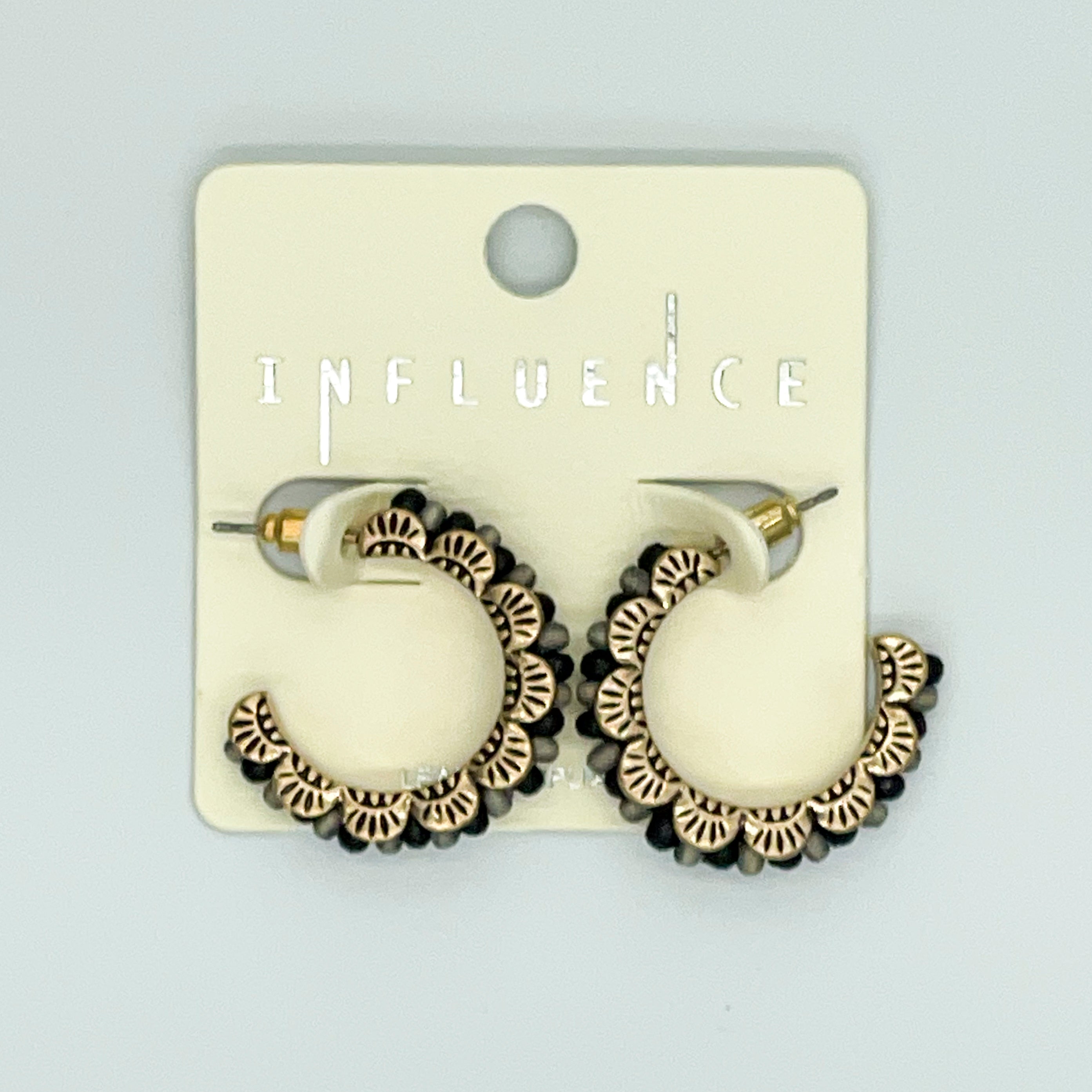 Gold-toned Hoop Earrings Wooden Beads Scalloped
