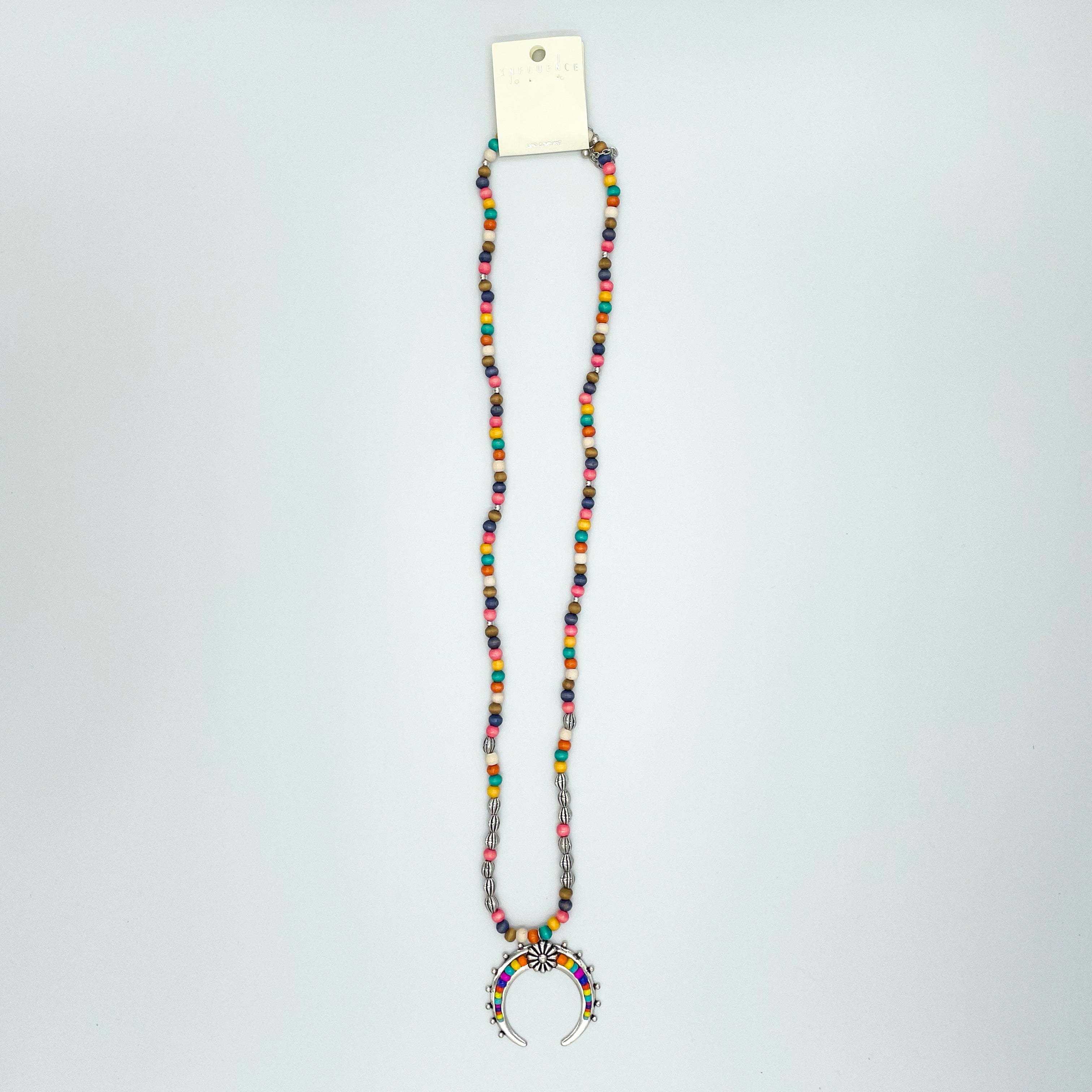 Muli-Colored Beaded Long Necklace Crescent Moon Pe