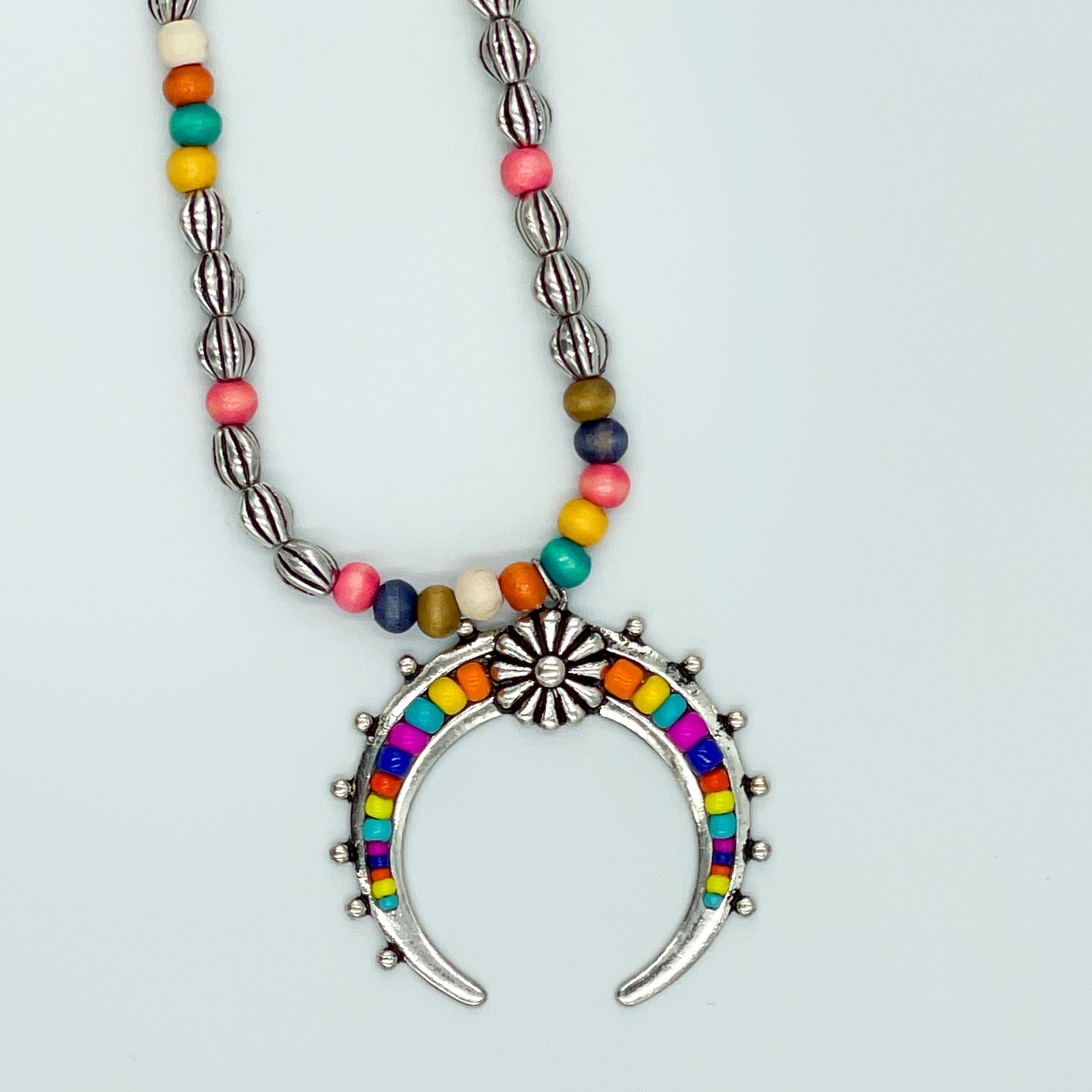 Muli-Colored Beaded Long Necklace Crescent Moon Pe