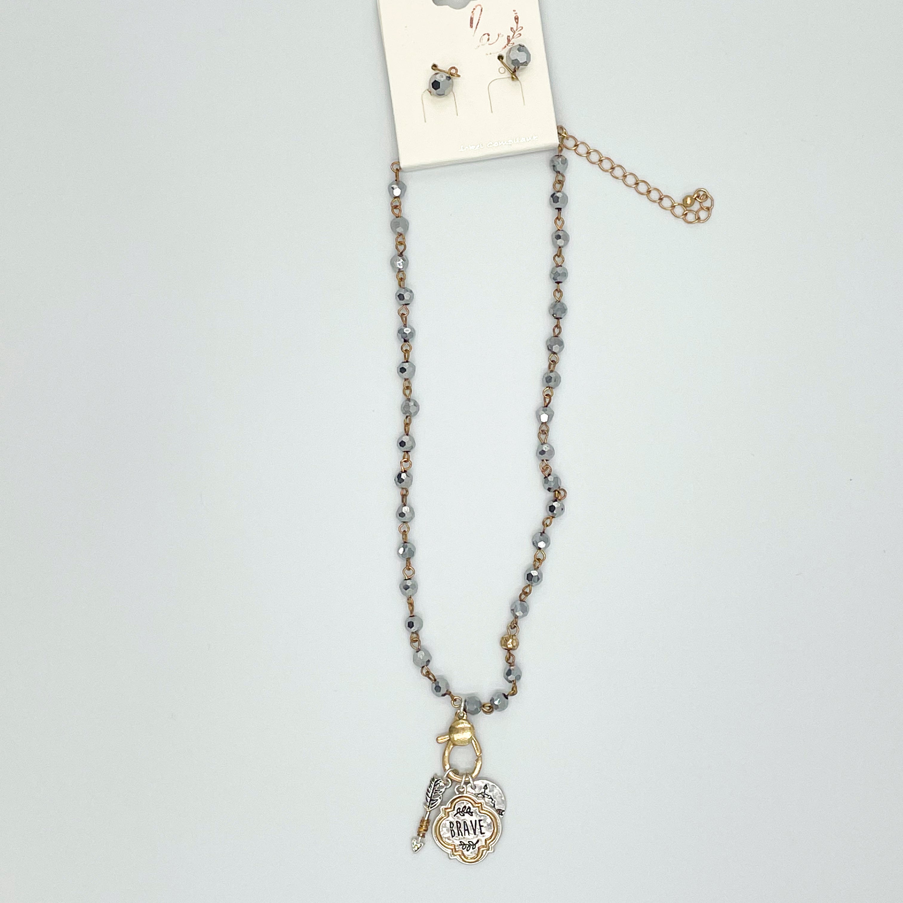 Brave Platinum\Goldtone Beaded Charm Necklace