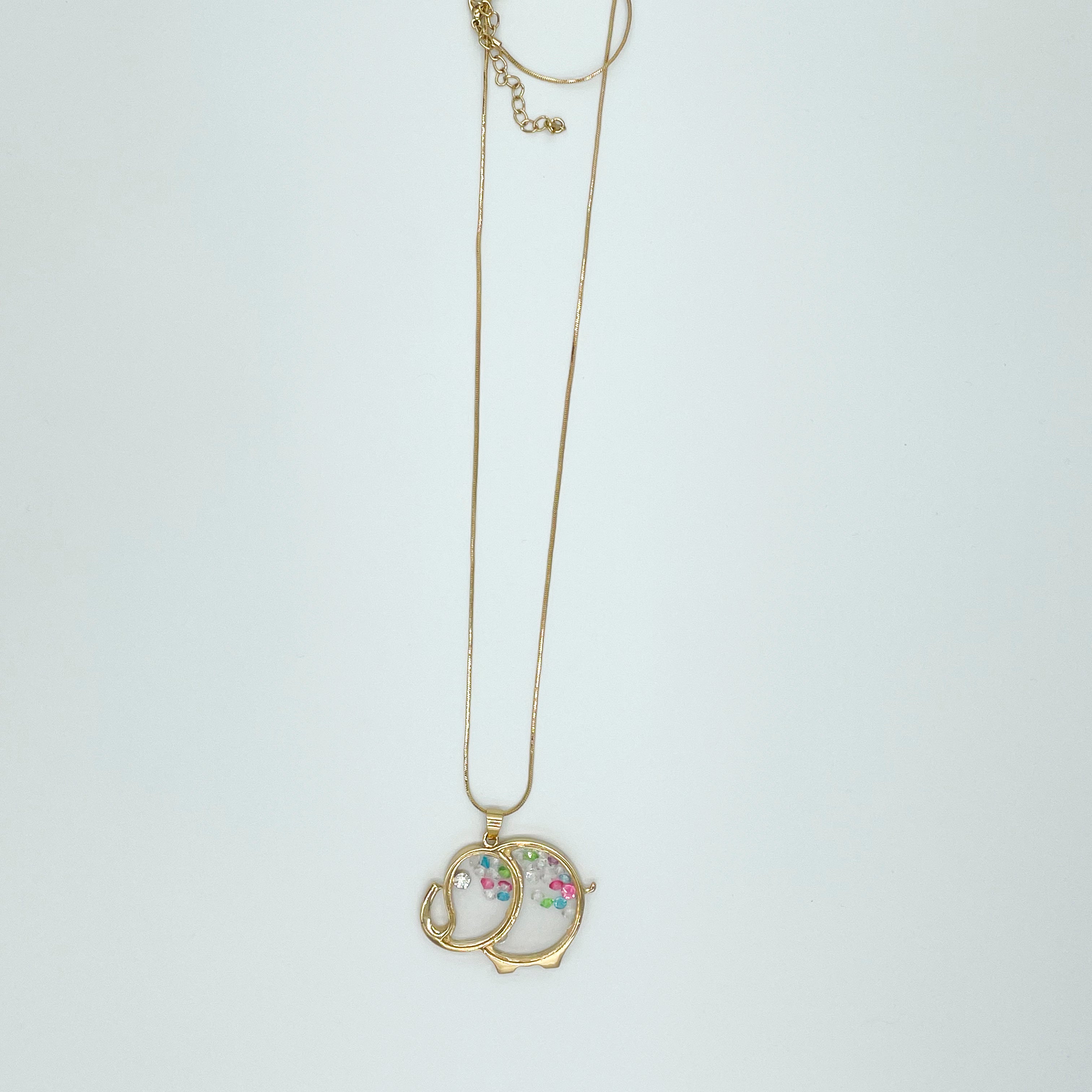 Gold-toned Elephant Necklace Clear Glass Floating