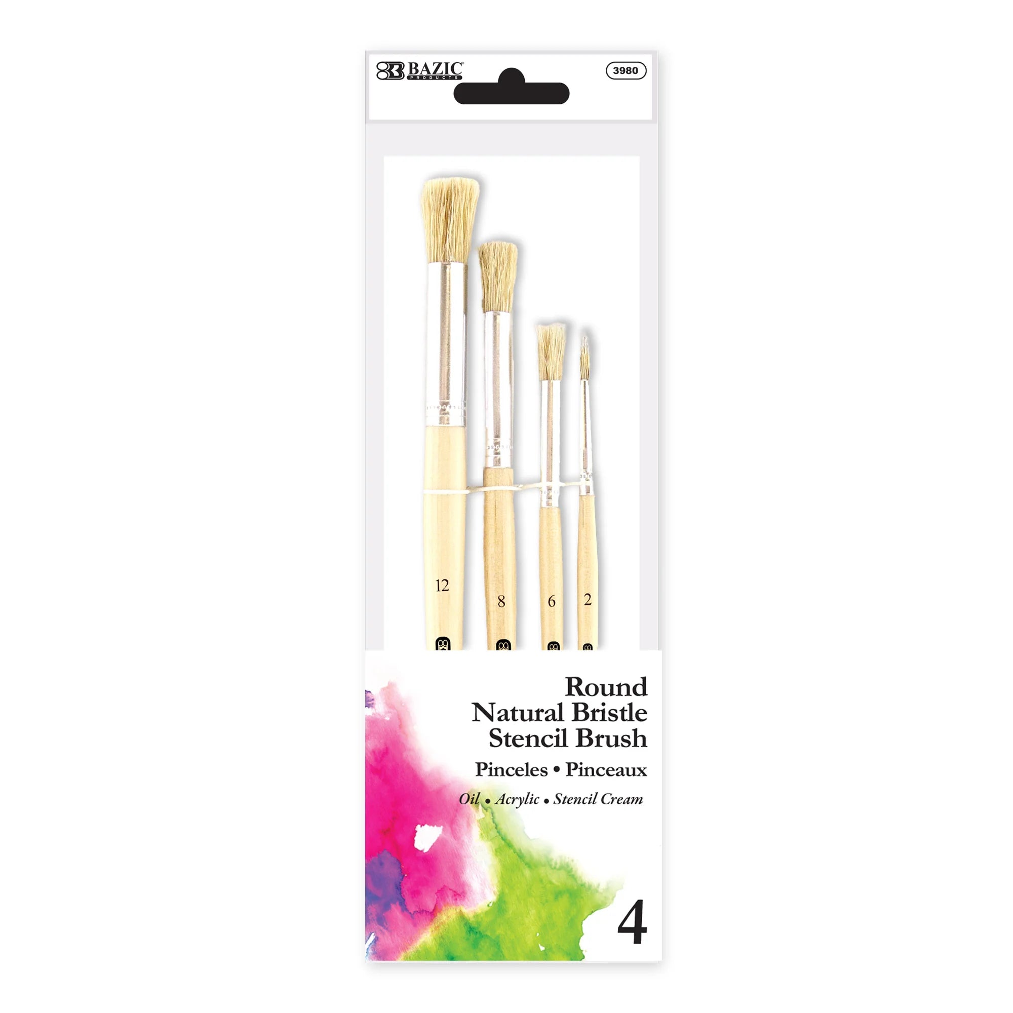 Bazic Round Natural Bristle Brush 4pk