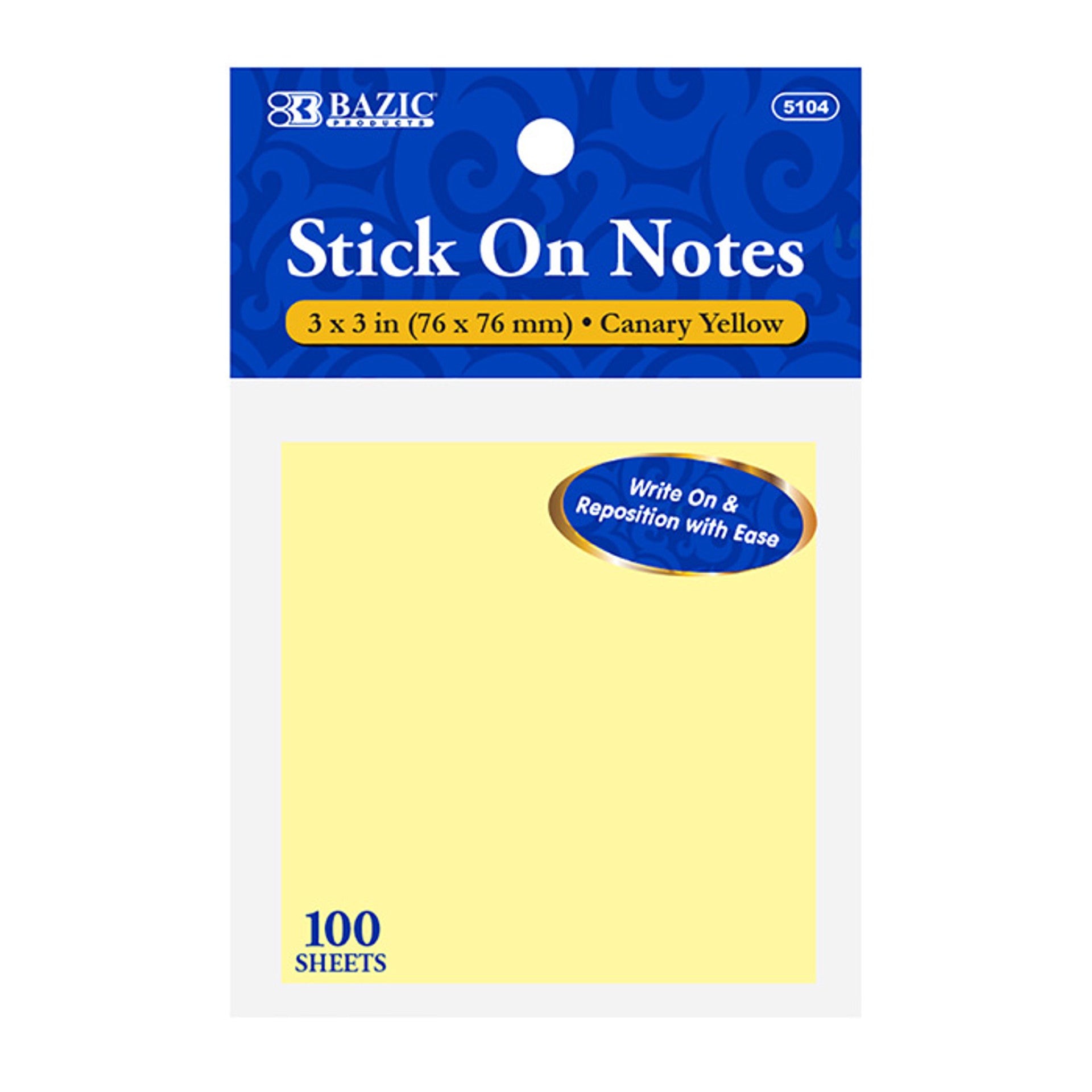 BAZIC 100 Ct. 3" X 3" Stick On Notes