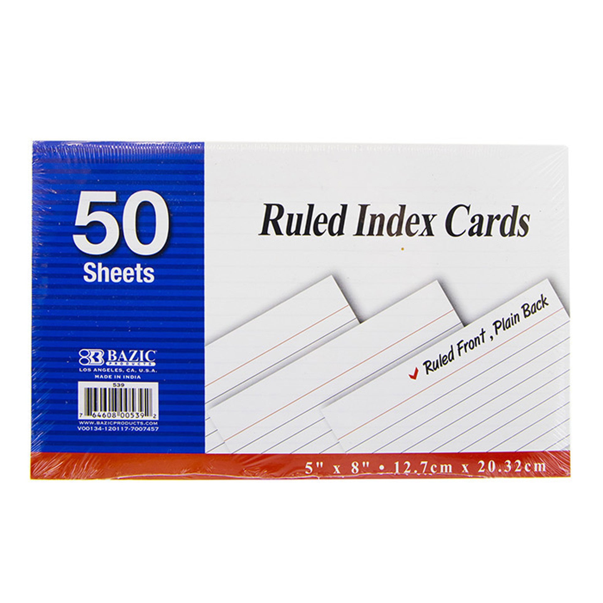 BAZIC 50Ct 5"X8" Ruled White Index Card
