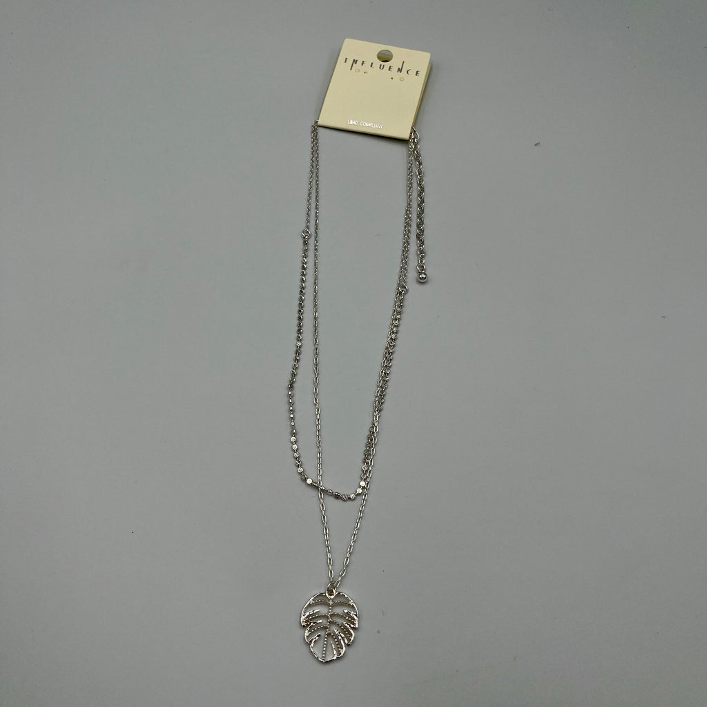 Silvertone Leaf Necklace Double Chain