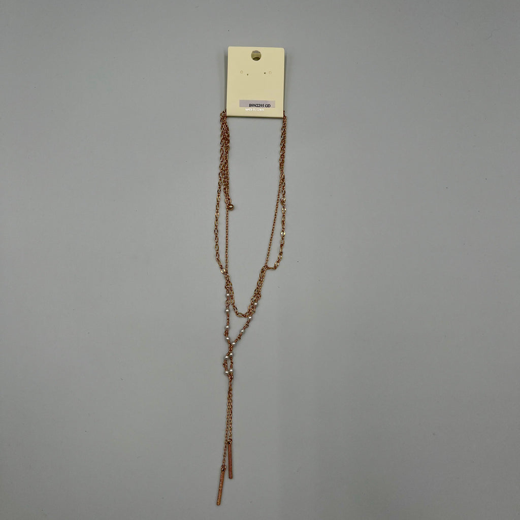 Goldtone Necklace Thin Vertical Bar\Pearls