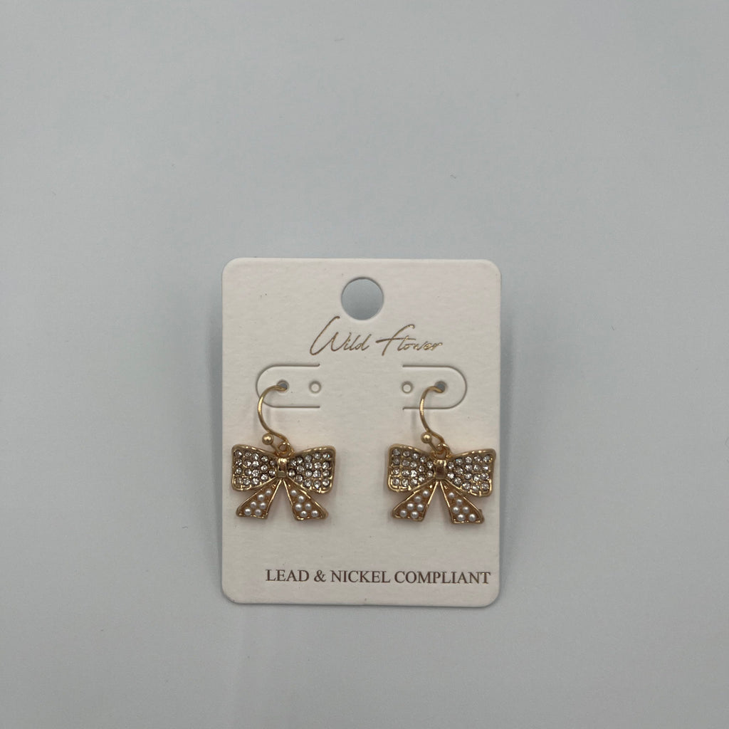 Goldtone Bow Earrings Pearl\Rhinestone