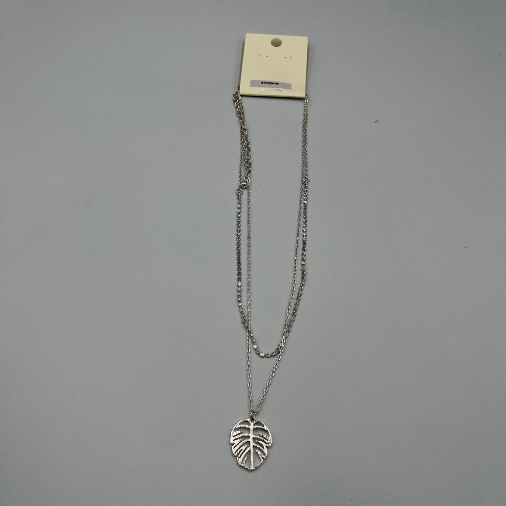 Silvertone Leaf Necklace Double Chain