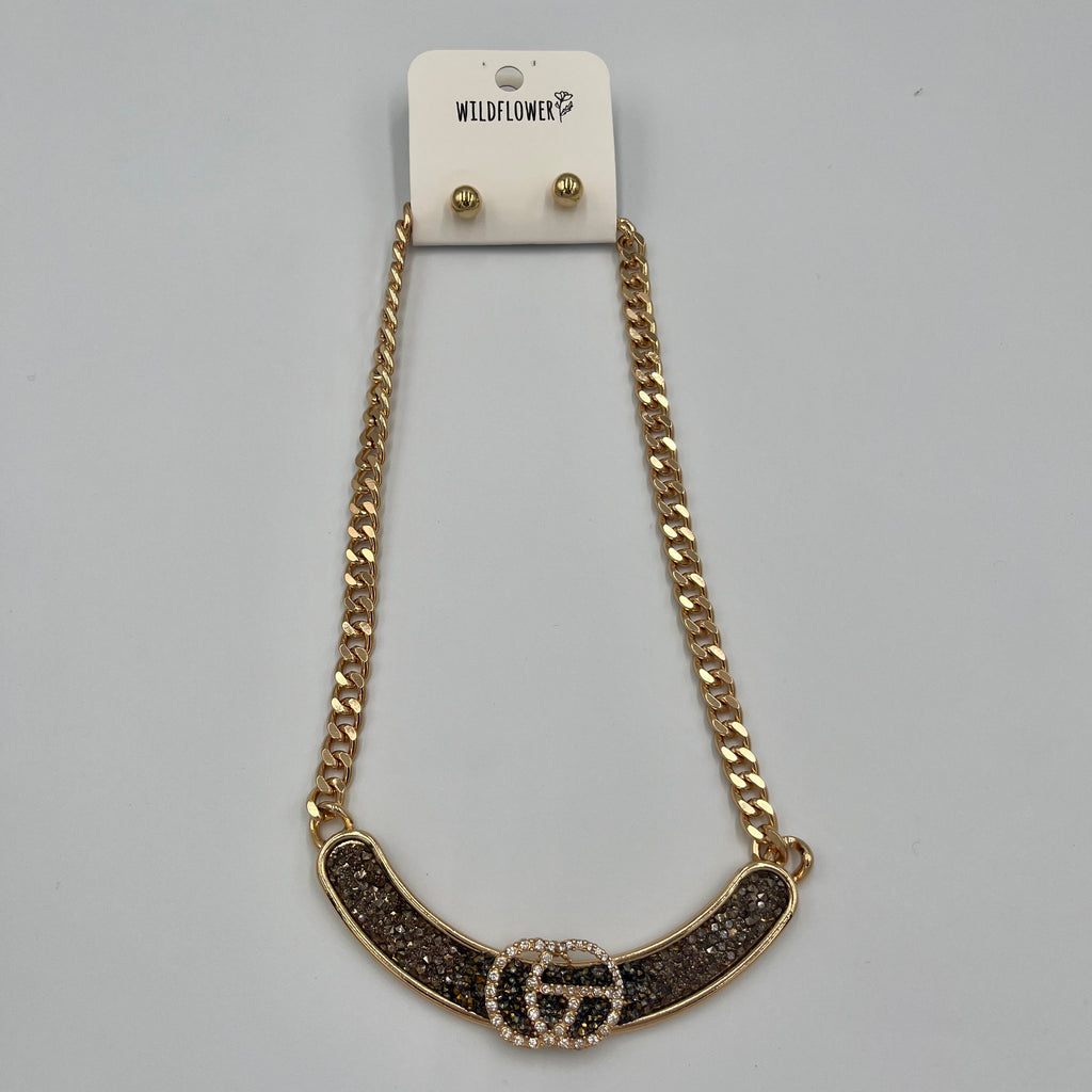 Goldtone\Black Necklace with Earrings