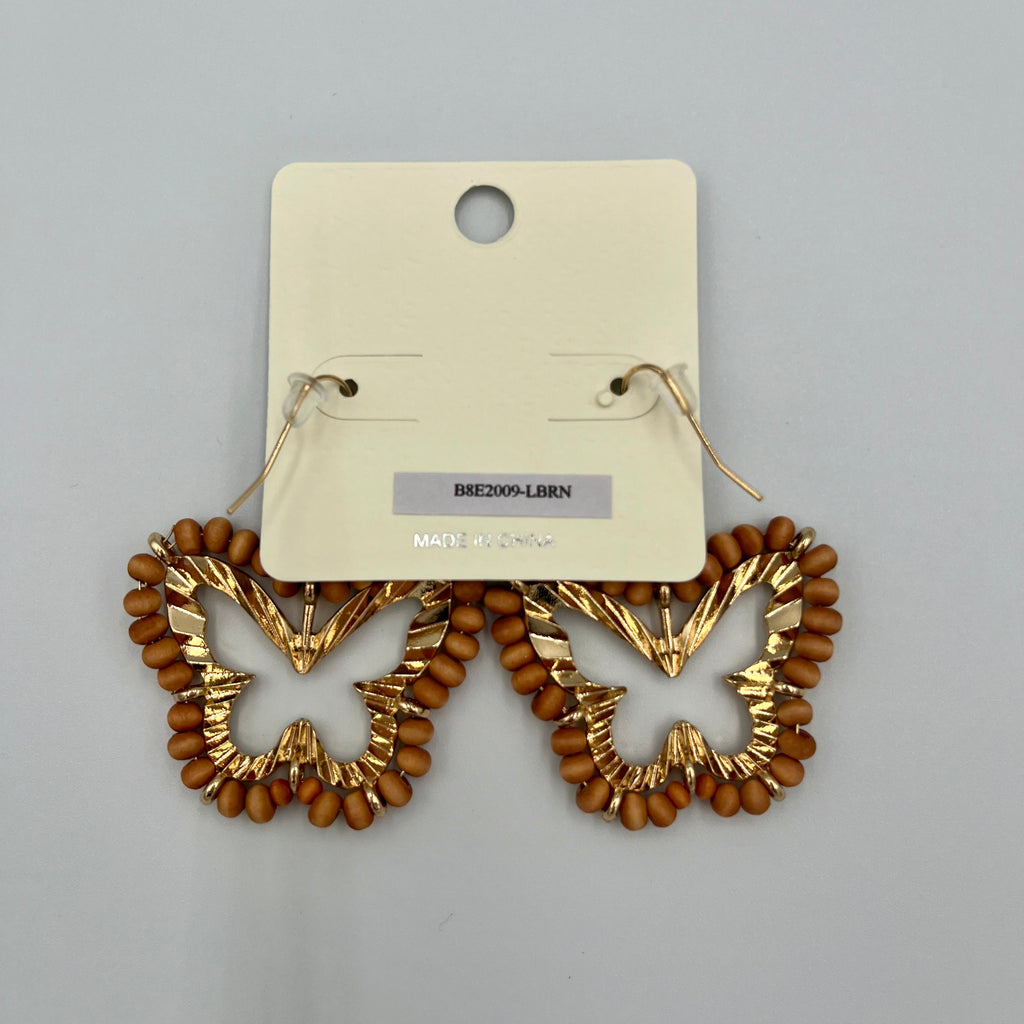 Gold-toned Metal & Wooden Drop Butterfly Earrings
