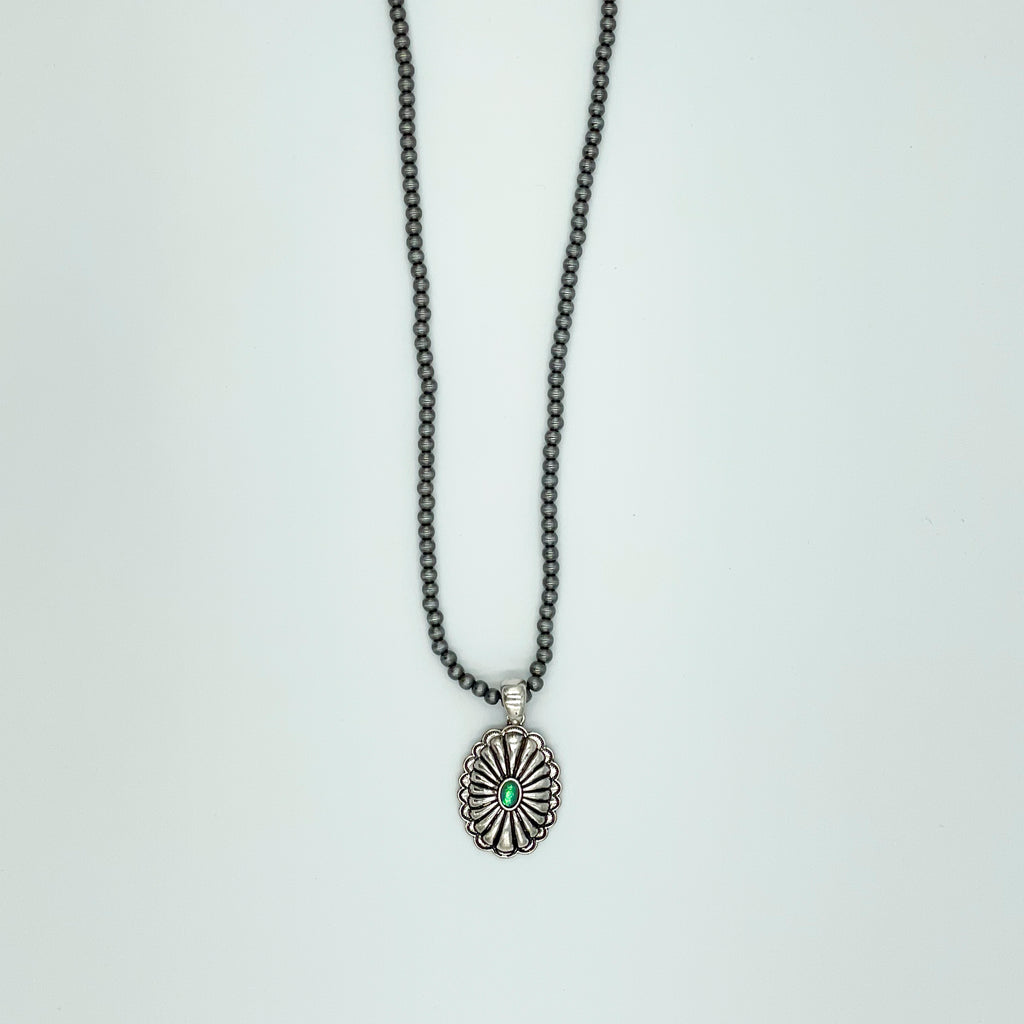 Silver-toned Beaded Concho Pendant Necklace