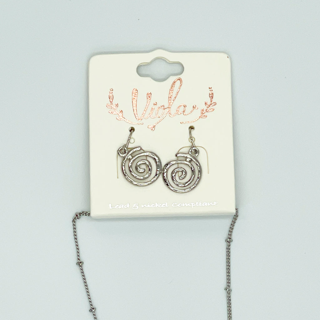 Silver-toned Pendant Necklace and Earring Set Swirl Round