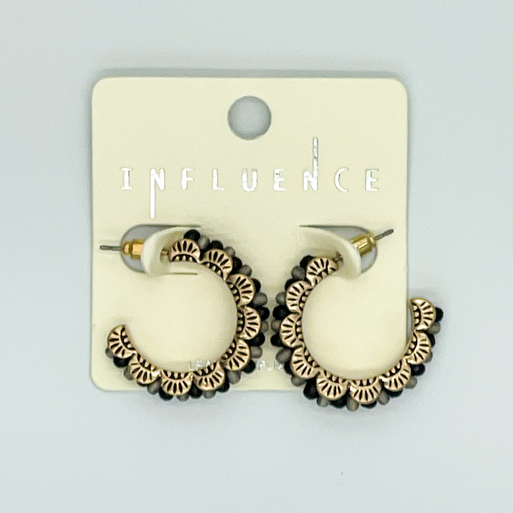 Gold-toned Hoop Earrings Wooden Beads Scalloped