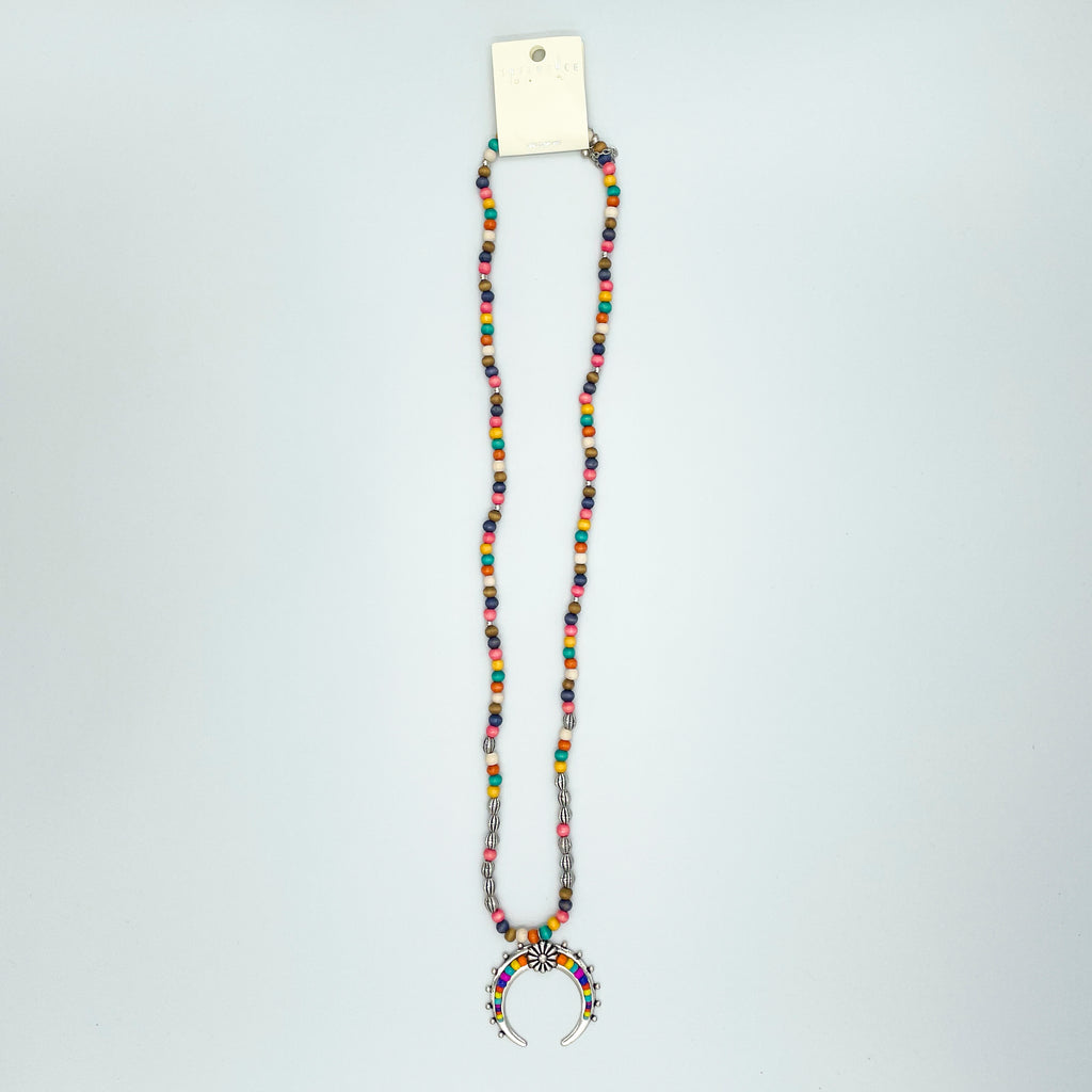Muli-Colored Beaded Long Necklace Crescent Moon Pe