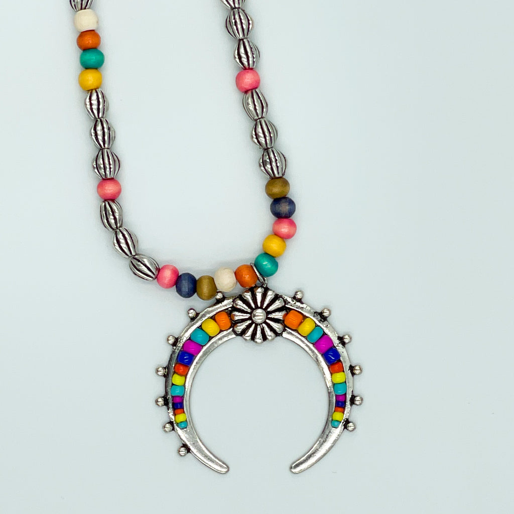 Muli-Colored Beaded Long Necklace Crescent Moon Pe