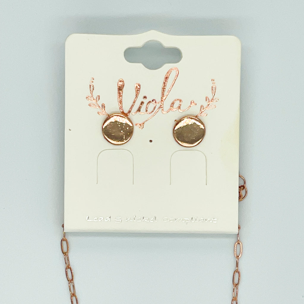 Rose Gold Necklace and Earring Set Circle Disk