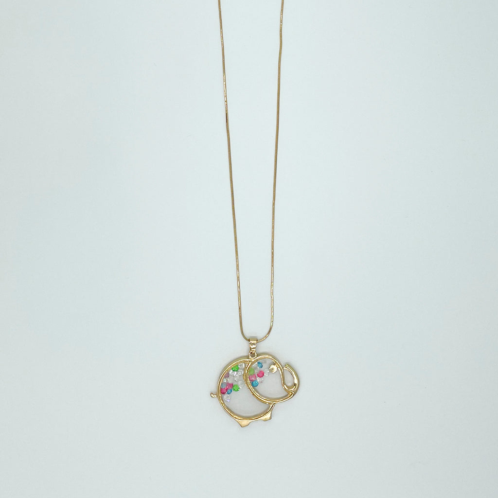Gold-toned Elephant Necklace Clear Glass Floating