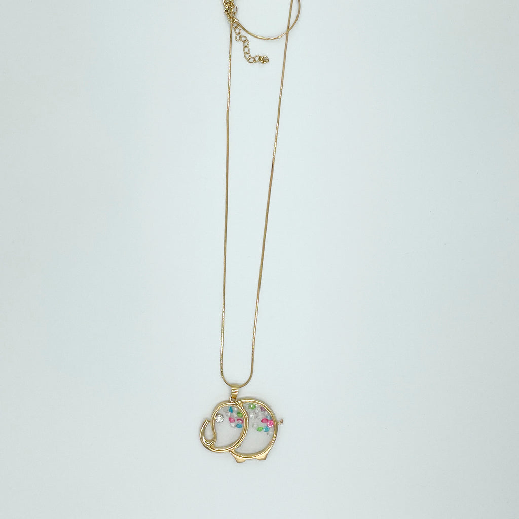 Gold-toned Elephant Necklace Clear Glass Floating